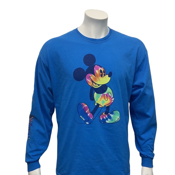 Disney Parks Blue Multi Color Rainbow Mickey Graphic T-Shirt Spellout Sleeve XL - Picture 5 of 11
